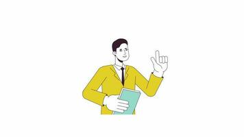 Male tutor explaining animation. Animated cartoon man with raised finger. Isolated colour flat line 2D character 4K video footage, white background, alpha channel transparency for web design