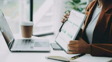 Audit concept,Administrator business man financial inspector and secretary making report calculating balance. Internal Revenue Service checking document. video