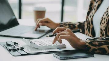 Audit concept,Administrator business man financial inspector and secretary making report calculating balance. Internal Revenue Service checking document. video