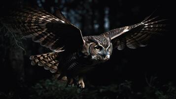 Round eyes and a curved beak, an owl is about to fly in the sky. It has a focused and angry expression on its face, as it searches for its prey. It spreads its wings wide shows its power photo