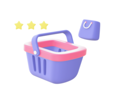 3d illustration icon of purple Shopping basket with star for UI UX web mobile apps social media ads design png