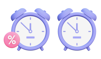 3d illustration icon of purple alarm clock for UI UX web mobile apps social media ads design png