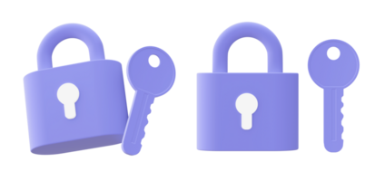 3d illustration icon of purple padlock and key for UI UX web mobile apps social media ads design png