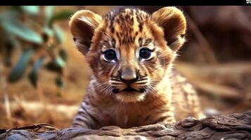 un joven león cachorro miradas adelante en el verde bosque. sus piel es suave y mullido ai generativo Arte foto