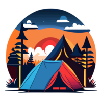 Mountain Camp. Tourist Tent and Bonfire on the Shore at Night. flat design. print design for t shirt. png