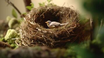 A tiny and adorable bird with bright feathers sits in its nest. This image captures the cuteness and diversity of avian life Generative AI photo