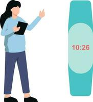 Girl looking at digital wristwatch. vector