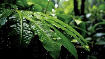 vibrante enorme hojas brillar con gotas de lluvia en el selva. un relajante y amable imagen ese muestra el preguntarse de naturaleza ai generativo foto