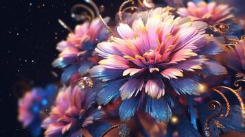 Mystical flowers with ornate designs. Crystals or luminescent elements on the flowers. A magical and otherworldly image AI Generative photo