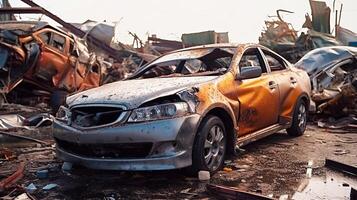 ai generativo foto. pila de escombros y severamente dañado coche después tornado tocado abajo foto