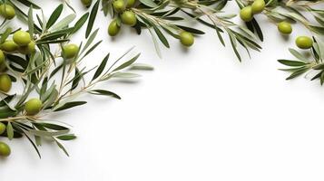 AI Generative Photo. Green olive tree leaves, branches isolated on white background. Moody decorative floral banner. Mediterranean summer foliage. Natural styled stock flat lay image, top view. photo