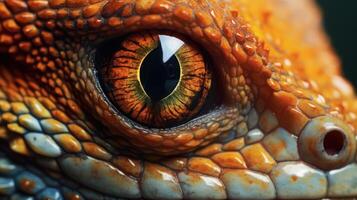 A close-up shot of the eye of an iguana, showing its intricate pattern and texture. The eye is surrounded by green scales and has a slit pupil ART photo