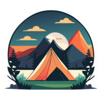 Mountain Camp. Tourist Tent and Bonfire on the Shore at Night. flat design. print design for t shirt. png