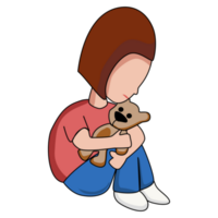 Young woman who suffers from mental health diseases is sitting on the floor and holding a doll. flat cartoon style png