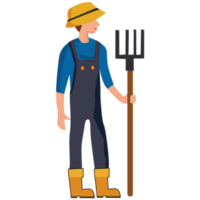 Cartoon young farmer in straw hat and holding rake png