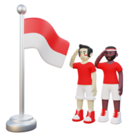 3d illustration av 2 indonesiska kille håller på med honnör till indonesien flagga på 17:e augusti oberoende dag png