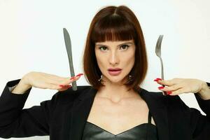 photo pretty woman knife and fork in hands emotions posing isolated background