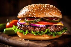 Close-up hamburger on the wooden board with photo