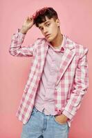 pretty man pink glasses checkered jacket fashion posing isolated background unaltered photo