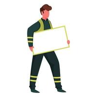 Faceless Rescue Worker or Man Character Holding Empty Board on White Background. vector