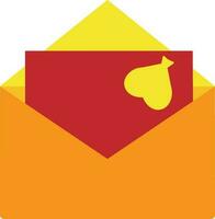 Yellow heart decorated red card in orange envelope. vector
