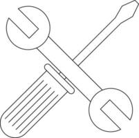 Black line art wrench with screwdriver in flat style. vector