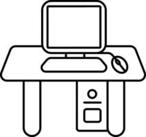 Monitor with mouse on table and cpu icon in line art. vector