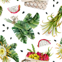 Pitaya dragon fruits harvest in basket, flowers and slices with tropical leaves bouquet seamless pattern. Hand drawn illustration for summer menus, fabrics, exotic designs png