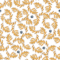 Watercolor yellow fall leaves and blue berries seamless pattern. Autumn botanical background with hand drawn plants illustration for fabrics and textiles png