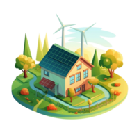 Green eco friendly house concept with solar energy panel and wind turbine. png