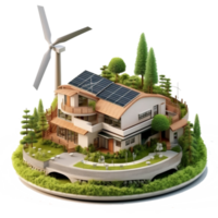 Green eco friendly house concept with solar energy panel and wind turbine. png