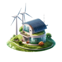Green eco friendly house concept with solar energy panel and wind turbine. png