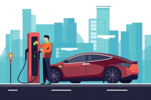 Man with electric car on charging station. png