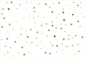 Random falling gold stars on white background. Glitter pattern for banner, greeting card, Christmas and New Year card, invitation, postcard, paper packaging vector