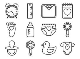Outline baby icon set isolated on white background. Metric, toys, feeding and care. vector