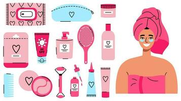 Set of various cosmetics isolated on white background. Skin care and beauty routine icons. Young woman makes a cosmetic treatment. vector