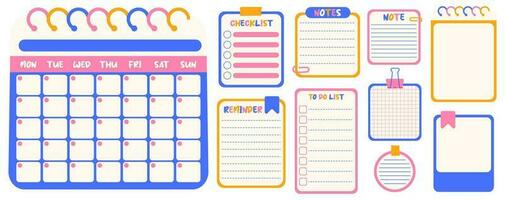 Kawaii calendar, to-do list, checklist, reminder and notes for organizer. Set of blank paper notes template or cute stickers for planner. vector