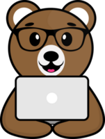 clever cute bear mascot with glasses in front of the computer png