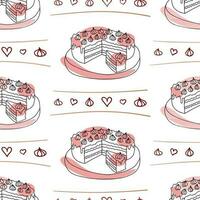 Seamless pattern with colorful dessert. Doodle hand drawn cake with pink spots and red hearts in a seamless pattern on a white background vector