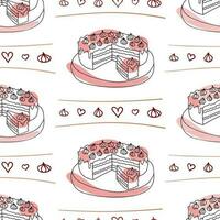 Seamless pattern with colorful dessert. Doodle hand drawn cake with pink spots and red hearts in a seamless pattern on a white background vector