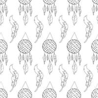 Seamless pattern with hand drawn dreamcatcher with fishing net, threads, beads and feathers in boho style. vector