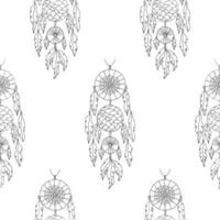 Seamless pattern with hand drawn dreamcatcher with spiderweb, threads, beads and feathers in boho style. Black on white background. vector