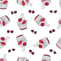 Seamless pattern with raspberry dessert. Doodle hand drawn cute ice cream in a cap with pink, crimson balls and raspberries in a seamless pattern on a white background vector