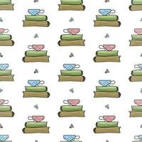 Colorful seamless pattern with hand drawn doodle cute blue and pink cups on a stack of books  with heart shapes. vector