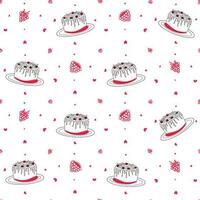 Seamless pattern with raspberry dessert. Doodle hand drawn raspberry cake with cream and berries in a seamless pattern on a white background vector