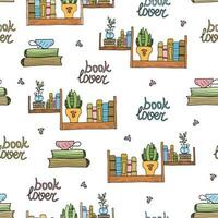 Colorful seamless pattern with hand drawn doodle cute books on a bookshelf in a cozy setting with heart shapes, houseplants, a cup on a stack of books, and a Booklover lettering. vector