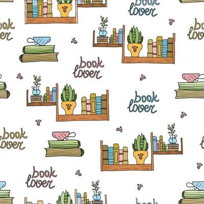 Colorful seamless pattern with hand drawn doodle cute books on a bookshelf in a cozy setting with heart shapes, houseplants, a cup on a stack of books, and a Booklover lettering.