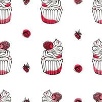 Seamless pattern with raspberry dessert. Doodle hand drawn raspberry cupcake with cream and berries in a seamless pattern on a white background vector