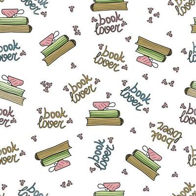 Colorful seamless pattern with hand drawn doodle cute pink cup on a stack of books with heart shapes and a Booklover lettering.