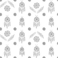 Seamless pattern with hand drawn dreamcatcher with spiderweb, threads, beads and feathers in boho style. Black on white background. vector